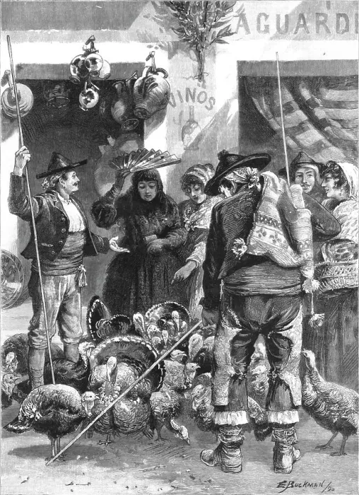 Framed Print : Buying the Christmas Turkeys in the Market at Malaga, Spain, 1890. Creator: Unknown Framed Print : Buying the Christmas Turkeys in the Market at Malaga, Spain, 1890. Creator: Unknown