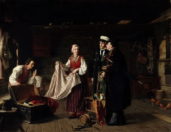 Framed Print : Buying National Costumes in Säkylä, 1878. Creator: Arvid Liljelund Framed Print : Buying National Costumes in Säkylä, 1878. Creator: Arvid Liljelund