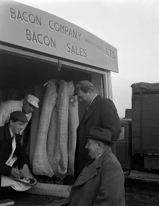 Framed Print : Buying wholesale meat from a Danish Bacon Company lorry, Barnsley, South Yorkshire, 1961 Framed Print : Buying wholesale meat from a Danish Bacon Company lorry, Barnsley, South Yorkshire, 1961