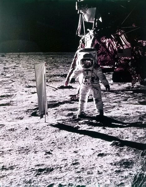 Buzz Aldrin deploys solar wind collector on the surface of the Moon, Apollo 11 mission, July 1969