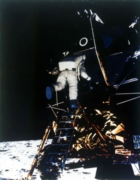 Framed Print : Buzz Aldrin descends from the Lunar Module, Apollo II mission, July 1969. Creator: Neil Armstrong Framed Print : Buzz Aldrin descends from the Lunar Module, Apollo II mission, July 1969. Creator: Neil Armstrong