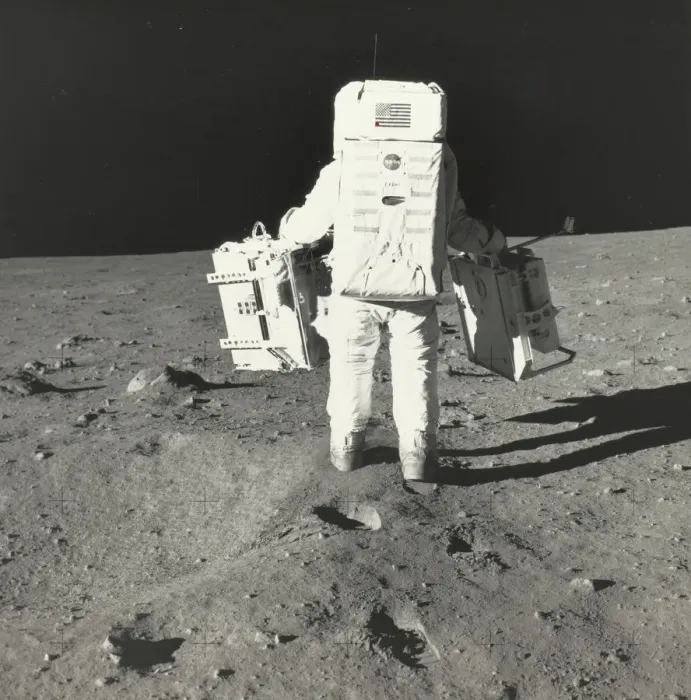 Framed Print : Buzz Aldrin on the Moon with Components of the Early Apollo Scientific Experiments Framed Print : Buzz Aldrin on the Moon with Components of the Early Apollo Scientific Experiments