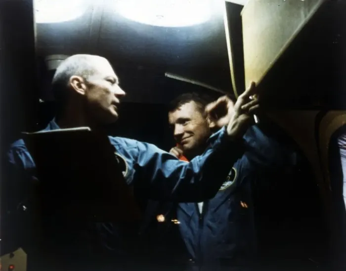 Framed Print : Buzz Aldrin and Neil Armstrong in quarantine, Apollo 11 mission, July 1969. Creator: NASA Framed Print : Buzz Aldrin and Neil Armstrong in quarantine, Apollo 11 mission, July 1969. Creator: NASA