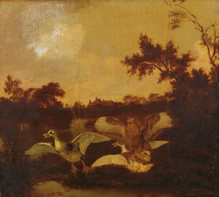 Framed Print : A Buzzard Attacks two Ducks, c.1635-c.1678. Creator: Dirck Wijntrack Framed Print : A Buzzard Attacks two Ducks, c.1635-c.1678. Creator: Dirck Wijntrack