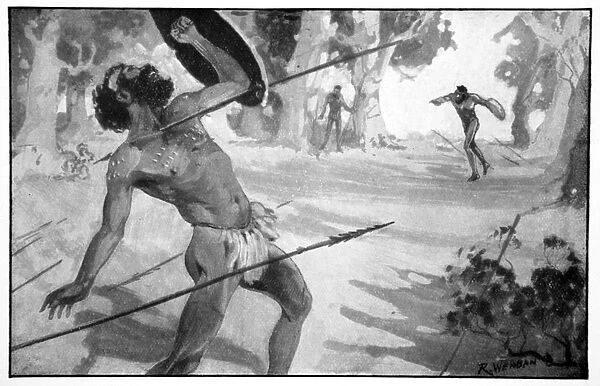 Byama threw a spear with all his strength, 1923. Artist: Raymond Wenban