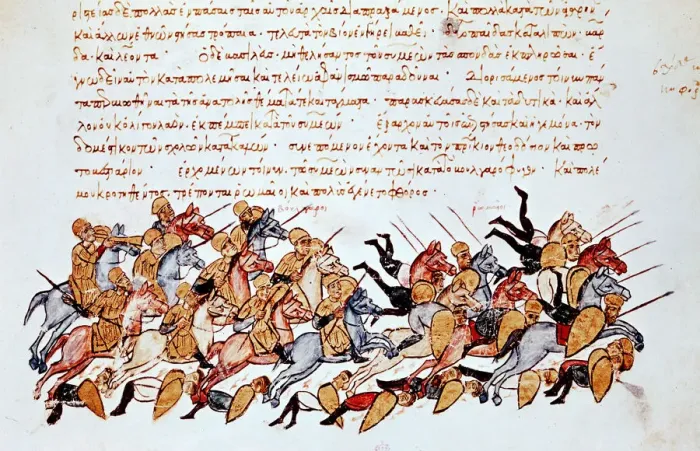 Framed Print : Byzantine cavalrymen overwhelming enemy cavalry and foot soldiers Framed Print : Byzantine cavalrymen overwhelming enemy cavalry and foot soldiers