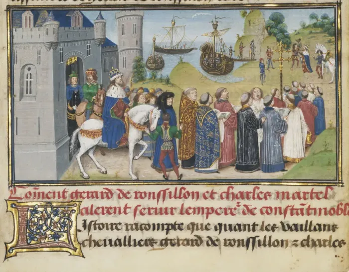 Framed Print : The Byzantine Emperor Welcoming Roussillon and Martel, 1468-1470. Artist: Liedet, Loyset (1420-1479) Framed Print : The Byzantine Emperor Welcoming Roussillon and Martel, 1468-1470. Artist: Liedet, Loyset (1420-1479)