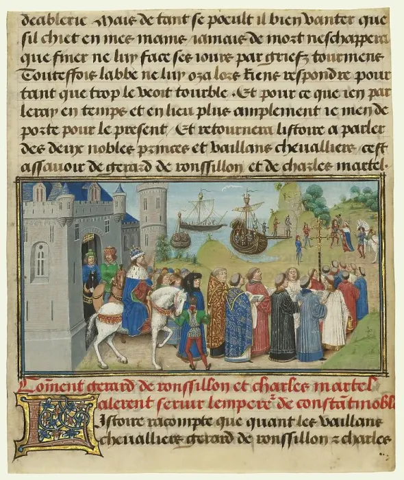 Framed Print : The Byzantine Emperor Welcoming Roussillon and Martel, written 1463-1465; illuminated 1467-1472. Creators: Loyset Liedet, Pol Fruit Framed Print : The Byzantine Emperor Welcoming Roussillon and Martel, written 1463-1465; illuminated 1467-1472. Creators: Loyset Liedet, Pol Fruit