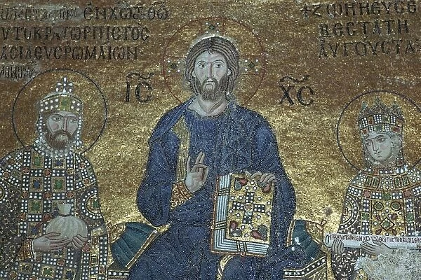 Byzantine mosaic showing Christ enthroned between earthly rulers, 12th century