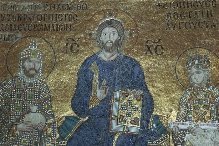 Framed Print : Byzantine mosaic showing Christ enthroned between earthly rulers, 12th century Framed Print : Byzantine mosaic showing Christ enthroned between earthly rulers, 12th century