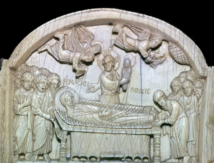 Framed Print : Part of a Byzantine triptych showing the death of the Virgin Mary, 11th century Framed Print : Part of a Byzantine triptych showing the death of the Virgin Mary, 11th century