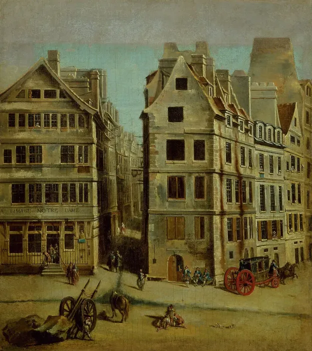 Framed Print : The Cabaret, image of Notre-Dame, Place de Greve, current Place de l'Hotel de Ville, 1751. Creator: Nicolas Raguenet Framed Print : The Cabaret, image of Notre-Dame, Place de Greve, current Place de l'Hotel de Ville, 1751. Creator: Nicolas Raguenet