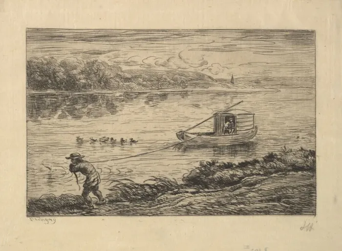 Framed Print : The Cabin Boy Tows the Boat, 1861. Creator: Charles Francois Daubigny Framed Print : The Cabin Boy Tows the Boat, 1861. Creator: Charles Francois Daubigny