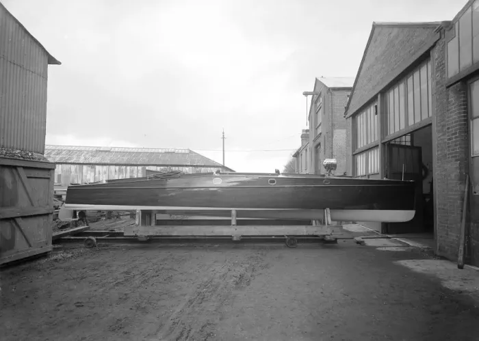 Framed Print : Cabin cruiser D. G. S. I. on stand at boatyard, 1913. Creator: Kirk & Sons of Cowes Framed Print : Cabin cruiser D. G. S. I. on stand at boatyard, 1913. Creator: Kirk & Sons of Cowes