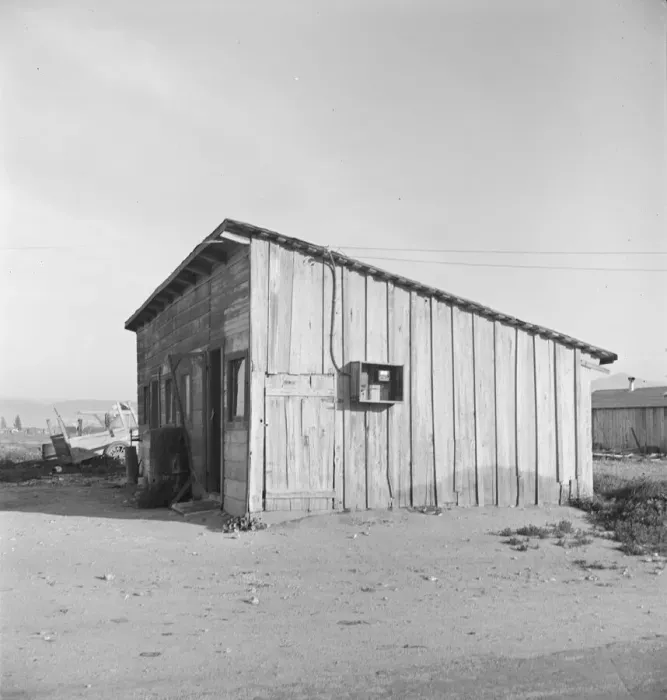 Framed Print : Cabin which rents for ten dollars a month in Arkansawyers auto camp, Greenfield, CA, 1939. Creator: Dorothea Lange Framed Print : Cabin which rents for ten dollars a month in Arkansawyers auto camp, Greenfield, CA, 1939. Creator: Dorothea Lange