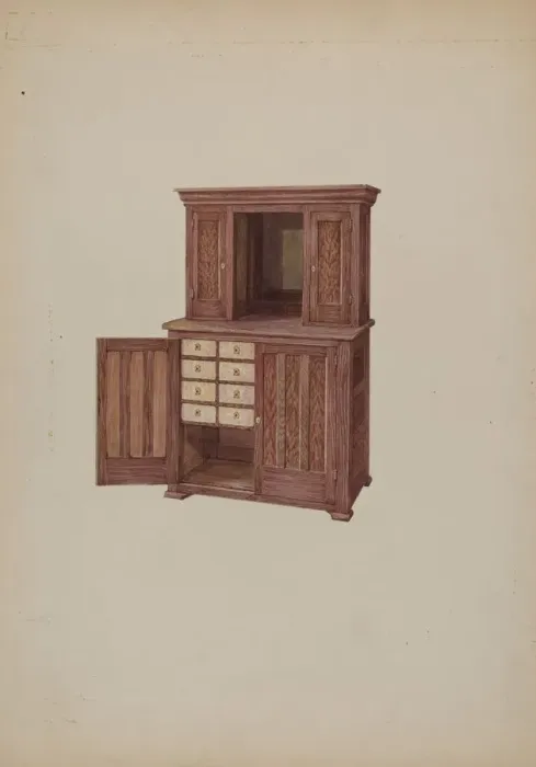 Framed Print : Cabinet, with Ivory Keyholes, c. 1937. Creator: William Kieckhofel Framed Print : Cabinet, with Ivory Keyholes, c. 1937. Creator: William Kieckhofel