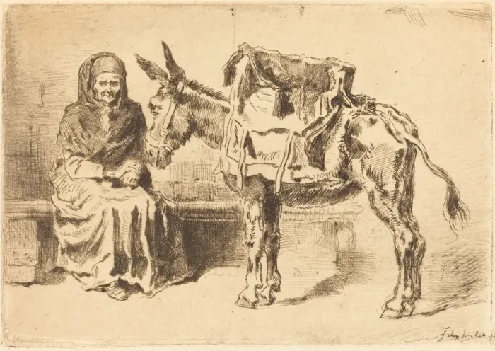 Framed Print : Cacoletiere Assise (Seated Woman and Ass), 1875. Creator: Felix Hilaire Buhot Framed Print : Cacoletiere Assise (Seated Woman and Ass), 1875. Creator: Felix Hilaire Buhot