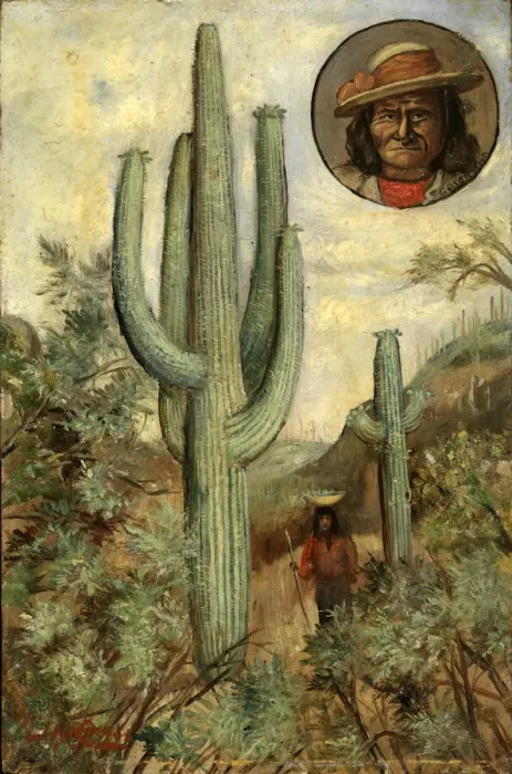 Framed Print : Cactus Landscape with Portrait of Geronimo, 1886-1909. Creator: Henry H. Cross Framed Print : Cactus Landscape with Portrait of Geronimo, 1886-1909. Creator: Henry H. Cross