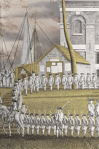 Cadets Formed into Line in front of the Zeerecht Building on the Slijpsteenmarkt, Amsterdam, 1796. Creator: Jonas Zeuner