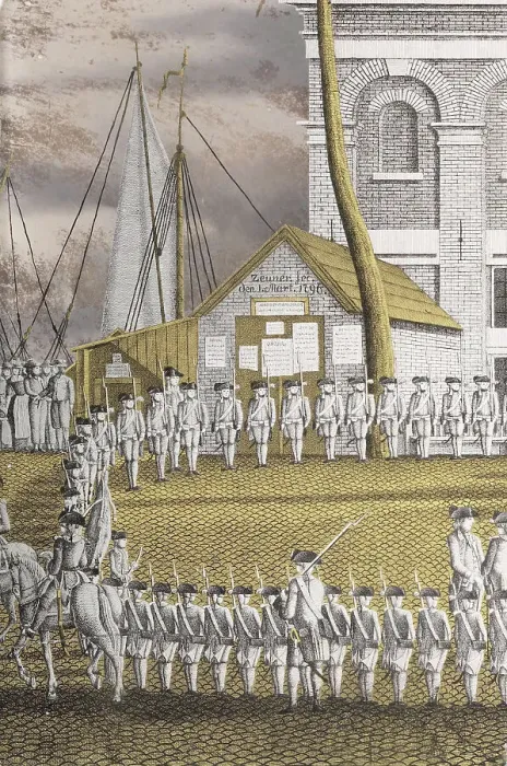 Framed Print : Cadets Formed into Line in front of the Zeerecht Building on the Slijpsteenmarkt, Amsterdam, 1796. Creator: Jonas Zeuner Framed Print : Cadets Formed into Line in front of the Zeerecht Building on the Slijpsteenmarkt, Amsterdam, 1796. Creator: Jonas Zeuner