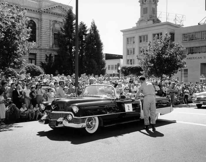 Framed Print : Cadillac convertible in a street parade, USA, (c1958?) Framed Print : Cadillac convertible in a street parade, USA, (c1958?)