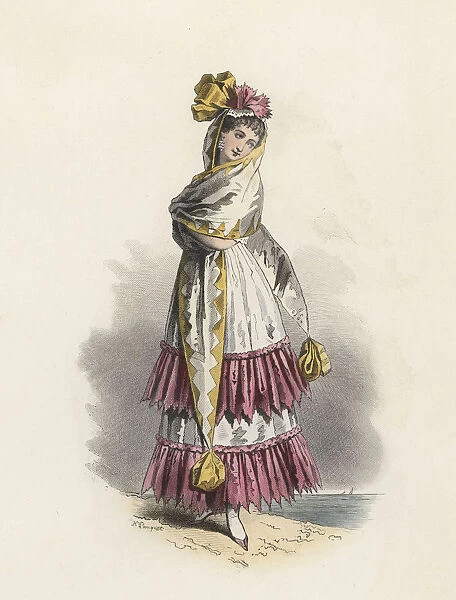 Cadiz woman, color engraving 1870