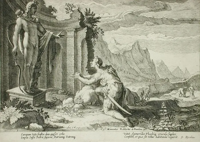 Framed Print : Cadmus Asks the Delphic Oracle Where He Can Find his Sister, Europa, published 1615. Creator: Hendrik Goltzius Framed Print : Cadmus Asks the Delphic Oracle Where He Can Find his Sister, Europa, published 1615. Creator: Hendrik Goltzius