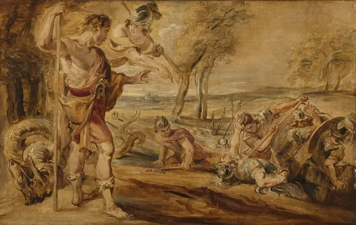 Framed Print : Cadmus, Guided by Minerva, Observes the Spartoi Fighting, before 1747. Creator: Unknown Framed Print : Cadmus, Guided by Minerva, Observes the Spartoi Fighting, before 1747. Creator: Unknown