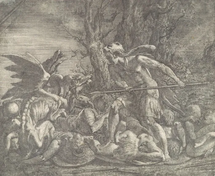Framed Print : Cadmus killing the Dragon, ca. 1540-45. Creator: Leon Davent Framed Print : Cadmus killing the Dragon, ca. 1540-45. Creator: Leon Davent