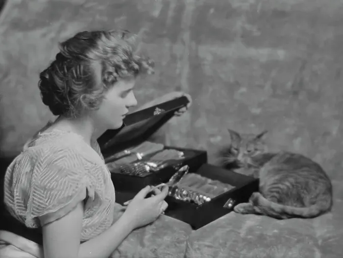 Framed Print : Cadmus, Miss, with Buzzer the cat, portrait photograph, 1914 Apr. 24. Creator: Arnold Genthe Framed Print : Cadmus, Miss, with Buzzer the cat, portrait photograph, 1914 Apr. 24. Creator: Arnold Genthe