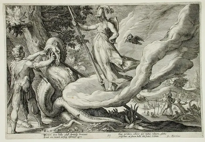 Framed Print : Cadmus Sows the Dragon's Teeth Which Turn into Armed Men, published 1615. Creator: Hendrik Goltzius Framed Print : Cadmus Sows the Dragon's Teeth Which Turn into Armed Men, published 1615. Creator: Hendrik Goltzius