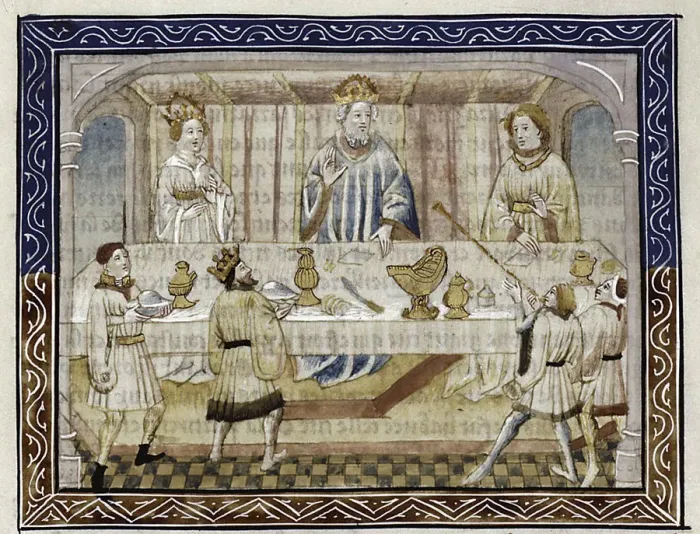 Framed Print : Caesar Augustus, his wife and son at table (From: Jean Hayton, Fleur des histoires de la terre d Orient), c. 1410. Artist: Master of Berry Apocalypse (active 1400-1415) Framed Print : Caesar Augustus, his wife and son at table (From: Jean Hayton, Fleur des histoires de la terre d Orient), c. 1410. Artist: Master of Berry Apocalypse (active 1400-1415)