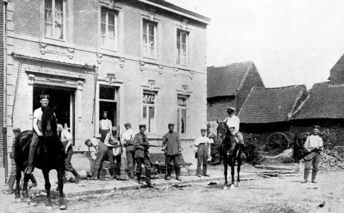 Framed Print : Cafe in Mouland, destroyed by Germans, First World War, 1914 Framed Print : Cafe in Mouland, destroyed by Germans, First World War, 1914