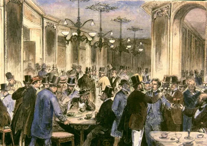 Framed Print : Cafe Swiss or Cafe of artists of Madrid, 1871, colored engraving in La Framed Print : Cafe Swiss or Cafe of artists of Madrid, 1871, colored engraving in La