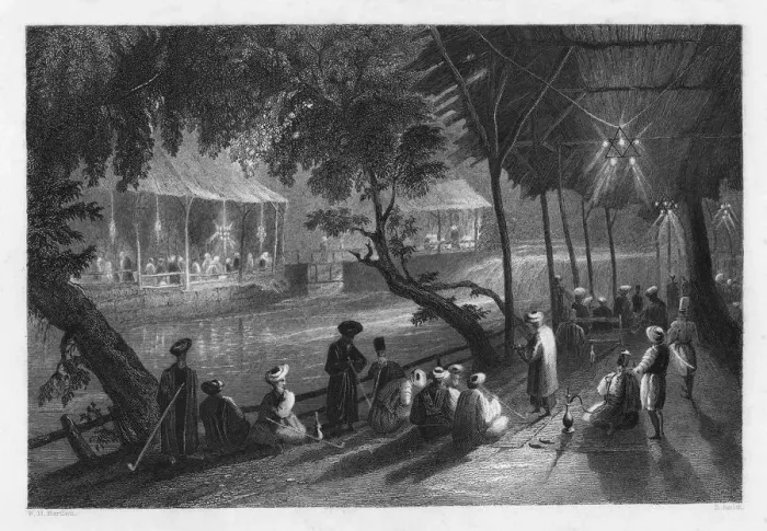 Framed Print : Cafes on a branch of the Barrada River (the ancient Pharpar), Damascus, Syria, 1841. Artist:s Smith Framed Print : Cafes on a branch of the Barrada River (the ancient Pharpar), Damascus, Syria, 1841. Artist:s Smith