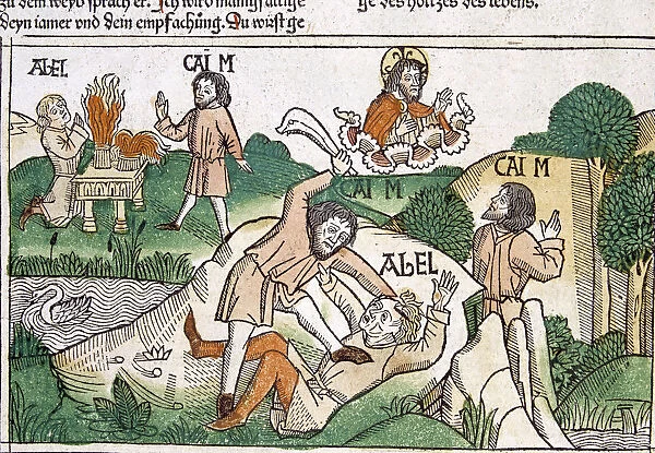 Cain and Abel, scene in the Bible of Nuremberg written in German, 1483