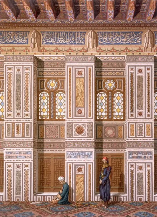 Framed Print : Cairo: Interior of the Mosque of Qaitbay; worshippers pray next to wall niches, or Mihrabs, pub Framed Print : Cairo: Interior of the Mosque of Qaitbay; worshippers pray next to wall niches, or Mihrabs, pub