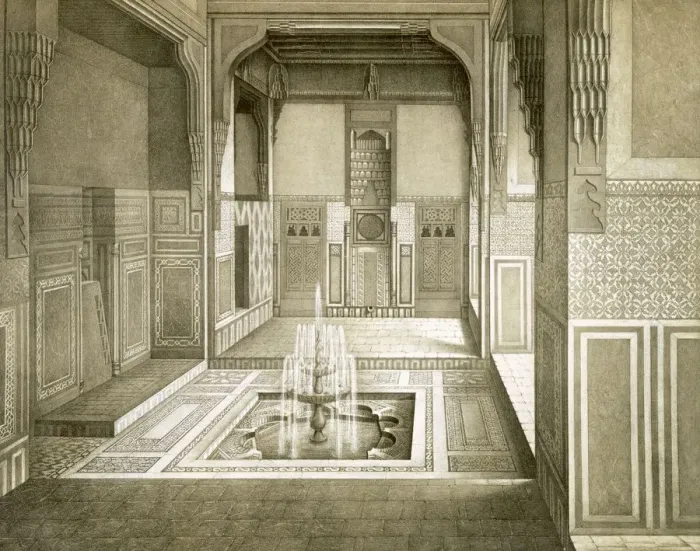 Framed Print : Cairo: Mandarah: Reception Room, ground floor, with pool and fountain, pub. 1877 Framed Print : Cairo: Mandarah: Reception Room, ground floor, with pool and fountain, pub. 1877