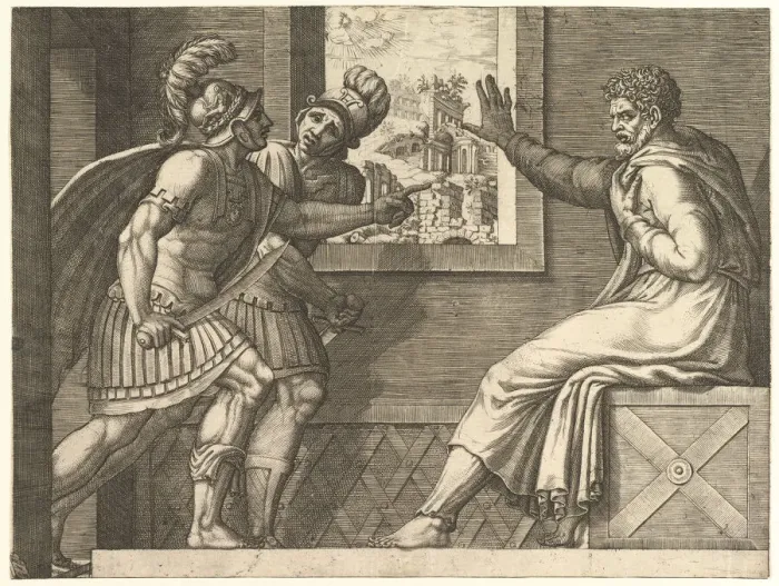 Framed Print : Caius Marius in Prison, two Cimbrian soldiers entering his cell, 1560-69 Framed Print : Caius Marius in Prison, two Cimbrian soldiers entering his cell, 1560-69