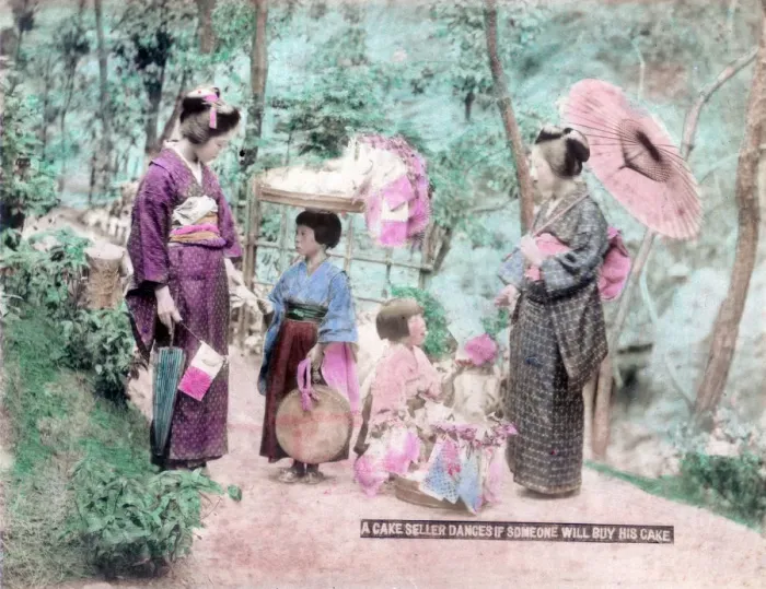 Framed Print : A cake seller dances if someone will buy his cake, Japan Framed Print : A cake seller dances if someone will buy his cake, Japan