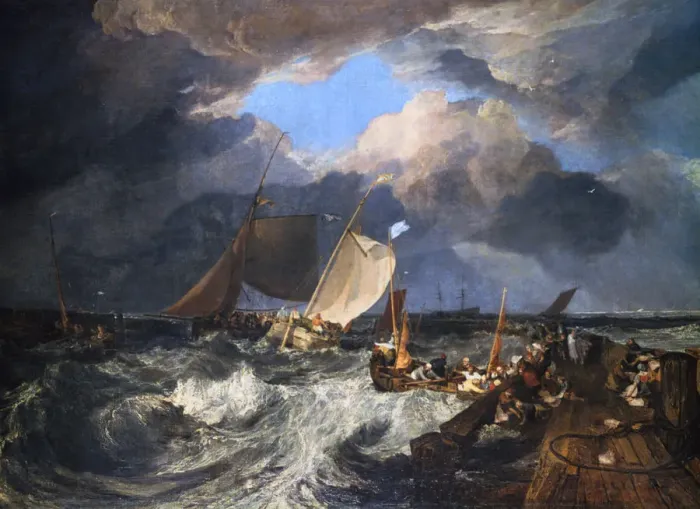 Framed Print : Calais Pier with French Poissards Preparing for Sea: an English Packet Arriving, 1803. Artist: JMW Turner Framed Print : Calais Pier with French Poissards Preparing for Sea: an English Packet Arriving, 1803. Artist: JMW Turner