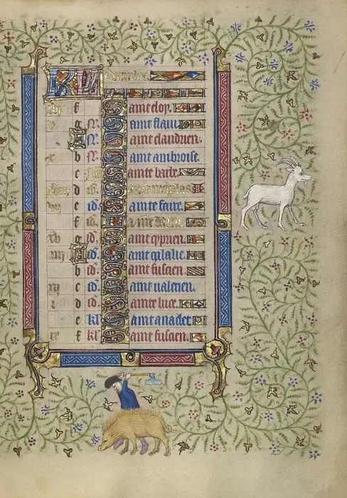 Framed Print : Calendar Page for December: Slaughtering Pigs: Capricorn; Book of Hours, about 1410. Creator: Unknown Framed Print : Calendar Page for December: Slaughtering Pigs: Capricorn; Book of Hours, about 1410. Creator: Unknown