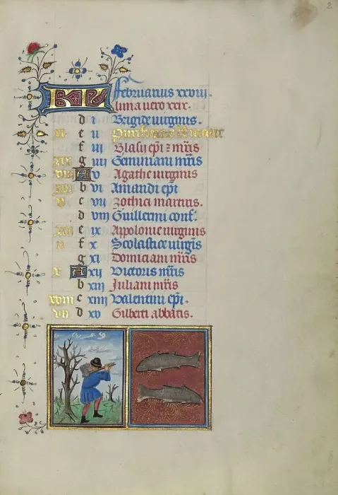 Framed Print : Calendar Page for February: Chopping Trees: Pisces; Book of Hours, about 1450-1455. Creator: Master of the Lee Hours