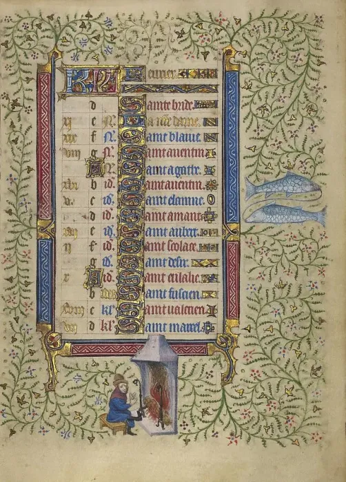 Framed Print : Calendar Page for February: Keeping Warm: Pisces; Book of Hours, about 1410. Creator: Unknown Framed Print : Calendar Page for February: Keeping Warm: Pisces; Book of Hours, about 1410. Creator: Unknown