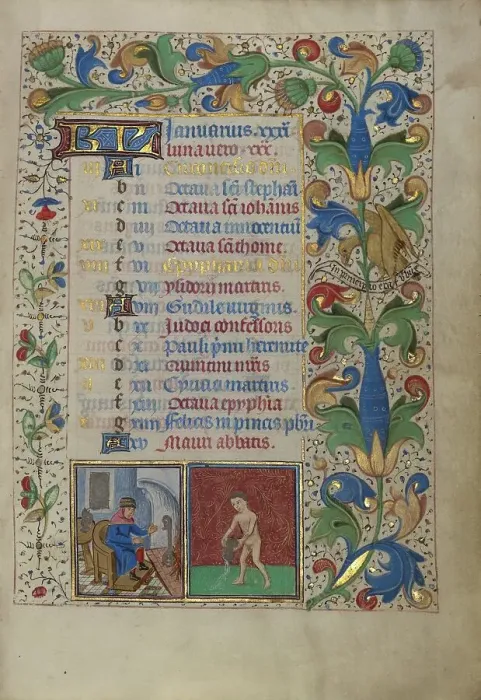 Framed Print : Calendar Page for January: Keeping Warm: Aquarius; Book of Hours, about 1450-1455. Creator: Master of the Lee Hours Framed Print : Calendar Page for January: Keeping Warm: Aquarius; Book of Hours, about 1450-1455. Creator: Master of the Lee Hours