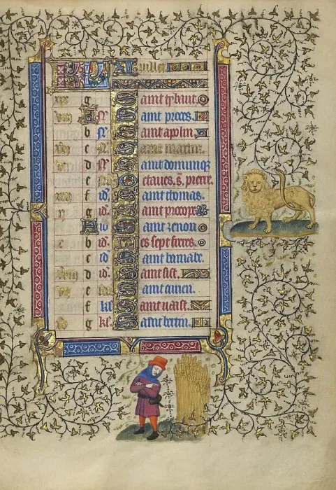 Framed Print : Calendar Page for July: Harvesting Wheat: Leo; Book of Hours, about 1410. Creator: Unknown Framed Print : Calendar Page for July: Harvesting Wheat: Leo; Book of Hours, about 1410. Creator: Unknown