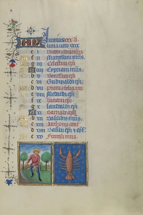 Framed Print : Calendar Page for June: Mowing: Cancer; Book of Hours, about 1450-1455. Creator: Master of the Lee Hours Framed Print : Calendar Page for June: Mowing: Cancer; Book of Hours, about 1450-1455. Creator: Master of the Lee Hours