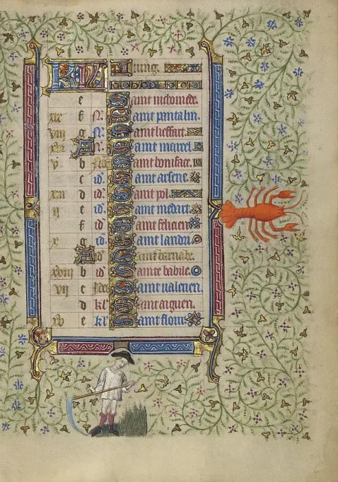 Framed Print : Calendar Page for June: Mowing: Cancer; Book of Hours, about 1410. Creator: Unknown Framed Print : Calendar Page for June: Mowing: Cancer; Book of Hours, about 1410. Creator: Unknown