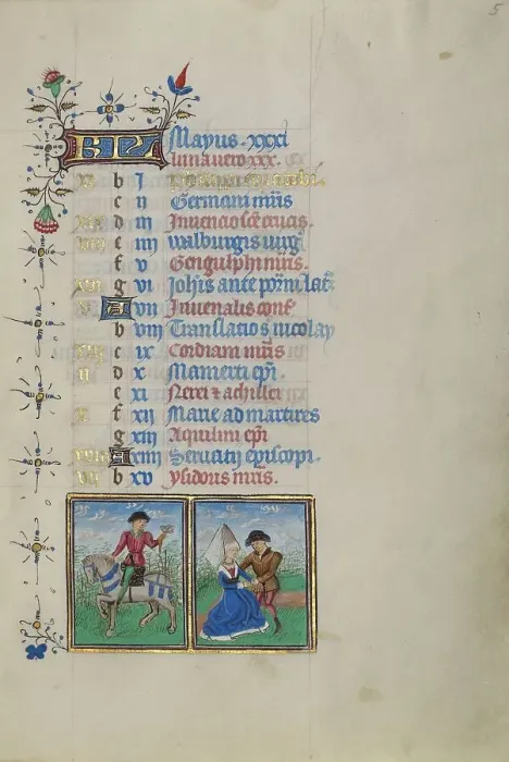 Framed Print : Calendar Page for May: Hawking and Courting: Gemini; Book of Hours, about 1450-1455. Creator: Master of the Lee Hours Framed Print : Calendar Page for May: Hawking and Courting: Gemini; Book of Hours, about 1450-1455. Creator: Master of the Lee Hours