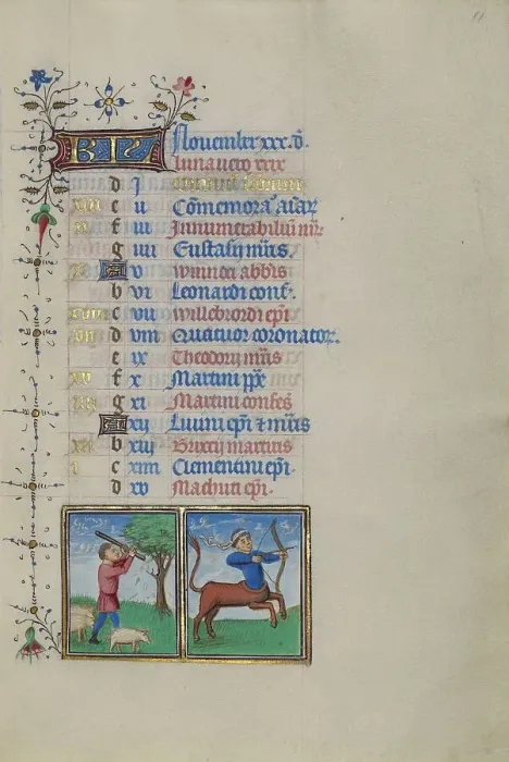 Framed Print : Calendar Page for November: Gathering Acorns for Pigs: Sagittarius; Book of Hours, about 1450-1455. Creator: Master of the Lee Hours Framed Print : Calendar Page for November: Gathering Acorns for Pigs: Sagittarius; Book of Hours, about 1450-1455. Creator: Master of the Lee Hours